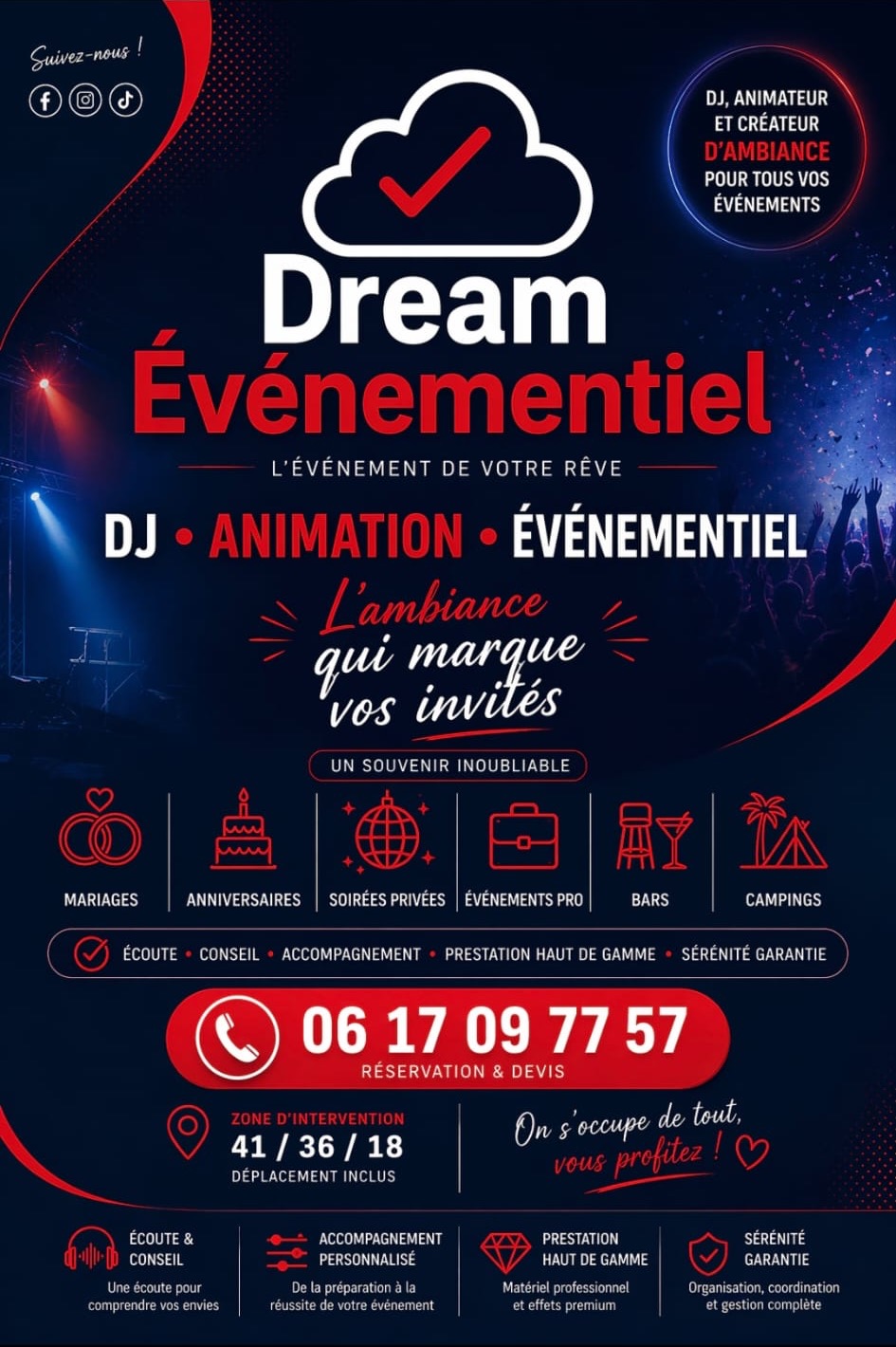 Affiche Dream Évènementiel avec services et numéro de réservation